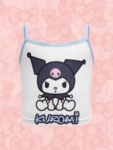 HELLO KITTY AND FRIENDS | SHEIN 女童撞色滚边细肩带休闲无袖可爱印花吊带衫 - 白色 - 查看 5