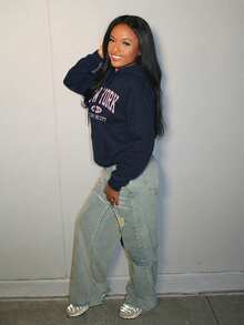 Steph T 女士简约印花连帽长袖运动衫，女士春/秋季休闲抽绳口袋长袖连帽常规版型常规深灰色落肩套头衫女士连帽衫，长袖上衣 - 深灰色 - 查看 5