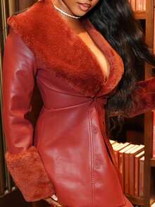 Chea Andrea Women's Wine Red Waist Elegant Fashion Long Sleeve PU Leather Jacket With Fur Collar And Spliced ​​Fur Sleeves, Autumn And Winter Women's Fall Winery Wear Women's Faux Leather Dress Women's Suit Jacket Women's Leather Dress Coat - Burgundy - View 5
