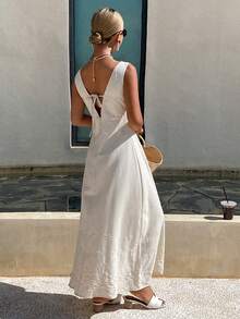 DAZY 春夏时尚白色V领修身上衣，休闲沙滩度假长裙，情人节及婚礼吊带裙 - 象牙白色 - 查看 2