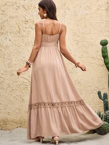 Boho Mama Pregnant Women's Ruched Waist Elegant Round Neck Casual Dress For Vacation & Daily Wear - Khaki - View 9