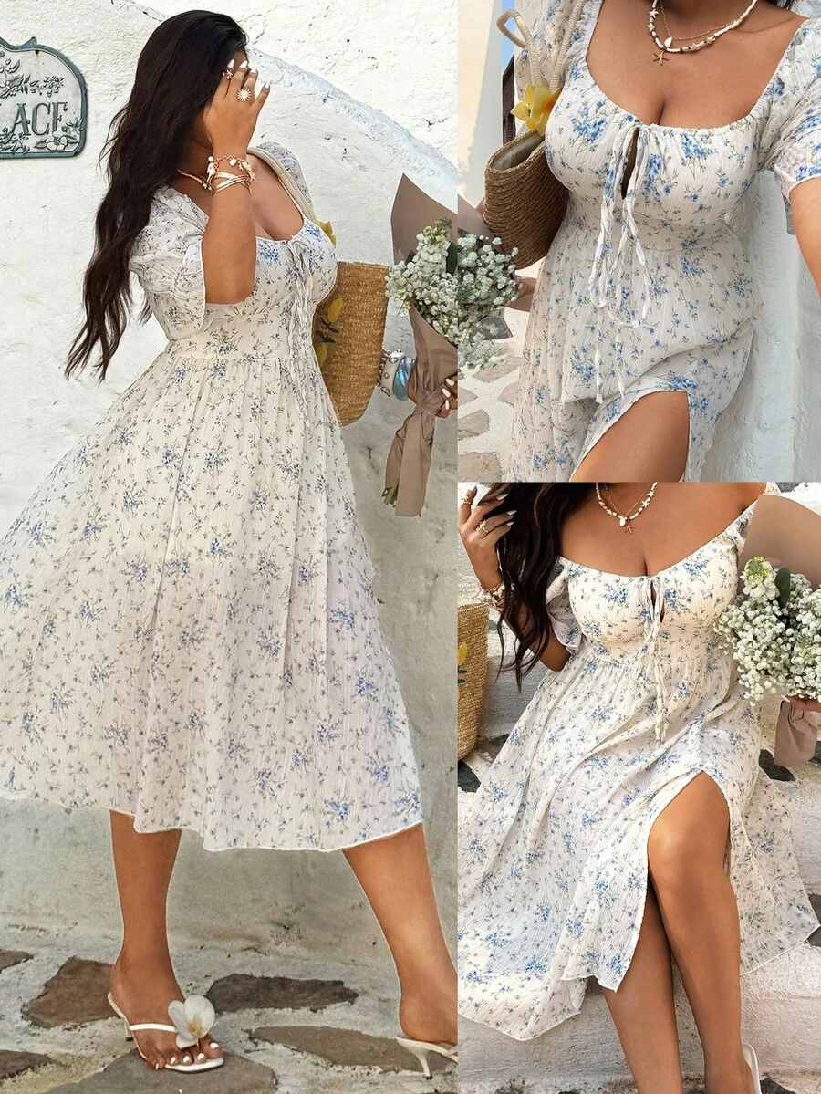 Sunnyshic Gaun Maxi Lengan Pendek Pas Badan dengan Pinggang Elastis dan Motif Bunga Kecil Ukuran Plus, Musim Semi/Panas - MultiWarna - View 1