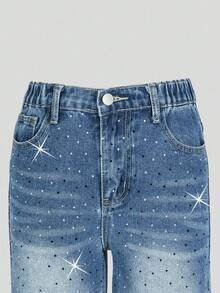 SHEIN ChillGRL 少女Y2K风格牛仔裤，浅蓝色水洗，饰有水钻，时尚阔腿版型，百搭休闲，多种搭配选择，精致单品，适合所有季节的女孩牛仔裤 - 中等水洗藍 - 查看 8