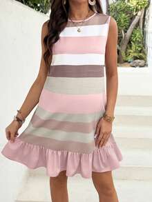 SHEIN Maternity Casual Colorful Striped Ruffle Hem Short Dress - Multicolor - View 3