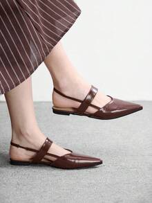 CUCCOO BIZCHIC Women's Pointed Toe Brown Patent Leather All-Match Commuter Versatile Daily Minimalist One-Strap Backless Flat Shoes - Brown - View 1