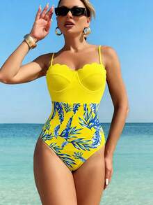 Swim Lushoire 新款女士贝壳花朵连体泳衣 - 黃色 - 查看 7