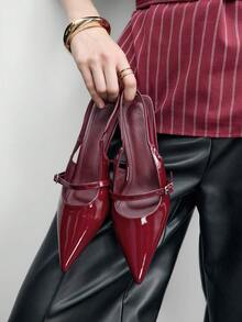 CUCCOO BIZCHIC 女士新款尖头漆皮酒红色后带露趾搭扣高跟凉鞋，通勤日常百搭 - 酒紅色 - 查看 5