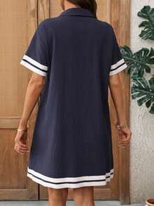 EMERY ROSE Women's Casual Contrast Trim Button Front Mini Dress, Summer - Navy Blue - View 2