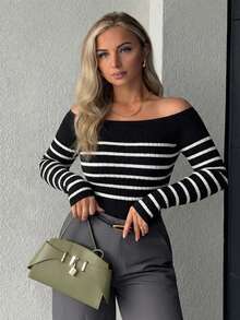 Jeta Ari Top tricotat scurt, crop, cu dungi albe și negre, pentru femei, toamnă/iarnă, cu umeri goi, minimalist, la modă, streetwear - Negru - Vizualizare 6