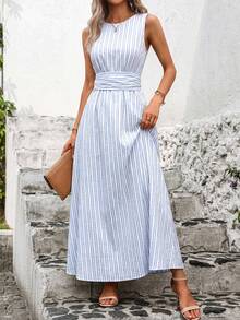Editum 女士圆领无袖蓝白条纹腰带A字连衣裙，优雅百搭，适合日常穿着、度假、春夏穿着。 - 藍白色 - 查看 4