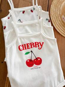 SHEIN LMoss Kids LMoss 女婴休闲夏季针织樱桃图案连体衣套装，开裆设计，3 件套 - 彩色 - 查看 5