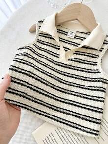LMoss Kids Young Girl Striped Knit Collared Casual Tank Top - Apricot - View 3