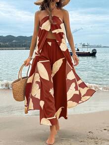 Breezaya Tropical Plant Print Halter Crop Top + Elastic Waist Straight Leg Pants 2 Pieces Set, Spring/Summer, Beach Skirt Set, Beach Two Piece Set, Vacation Outfits Woman 2 Piece, Brown Two Piece Set Women, Summer Two Piece Sets,Outdoor Clothing, Spring And Summer Clothing, Spring And Summer Vacation Sets - Brown - View 4