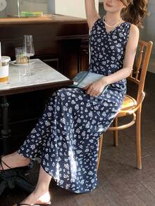 K-Vae 1 chiếc đầm không tay bằng vải chiffon họa tiết hoa nhí dành cho nữ, kiểu dáng thanh lịch ôm sát. - Màu xanh lam - Xem 3