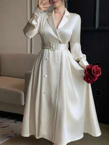 Livesso 优雅白色缎面高领中长连衣裙，适合毕业典礼、婚礼和派对等场合。 - 白色 - 查看 5