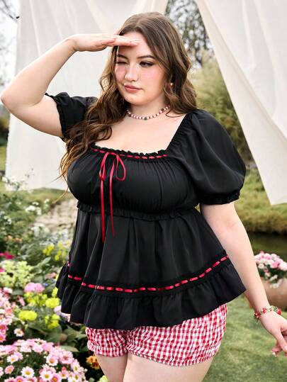 Goth Summer Plus Size Women Vintage Romantic Puff Sleeve Cinched Waist Doll Collar Birthday Blouse
