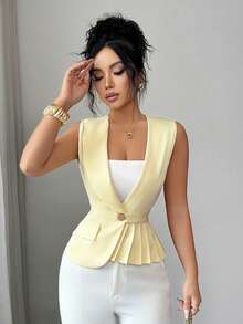 SHEIN Clasi Women's Elegant Office Summer Pale Yellow Sleeveless Short Blazer Jacket,Commuter Workplace Refined Minimalist High-End Pleated Design Versatile Top - Yellow - View 4