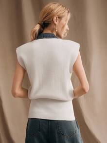 Anewsta 女士针织牛仔拼接 Polo 领毛衣上衣 - 白色 - 查看 3