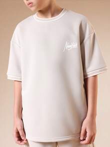 SUMWON Boys New York Logo Oversized T-Shirt And Coordinating Shorts Two-Piece Casual Summer Set With Crew Neck Short Sleeves - Apricot - View 3