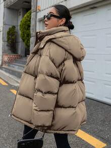 DAZY 女士拉链前连帽棉衣，冬季女装，冬季女装外套 - 棕色 - 查看 3