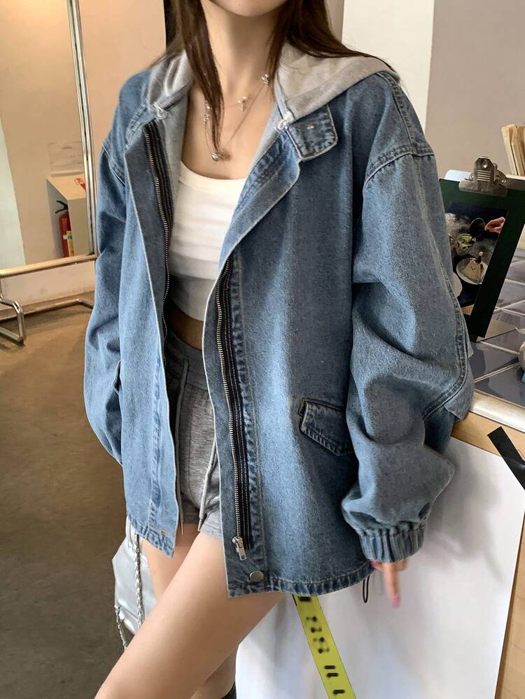 Women's Hooded Color Block Korean Style Washed Denim Jacket And Coat