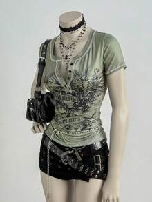 EgrlEra Áo thun nữ thời trang cổ chữ V màu xanh quân đội, trang trí kim loại - xanh quân đội - Xem 4