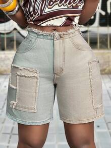 Slaydiva Quần short denim nữ phối màu tương phản, có tua rua ở eo và túi. - Màu Khaki - Xem 6