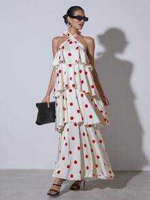 女士优雅浪漫波点印花多层荷叶边露背系带连衣裙，适合度假和夏季穿着 - 白色 - 查看 3
