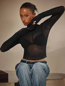 Athîral 女士休闲长袖黑色针织上衣 - 黑色 - 查看 4