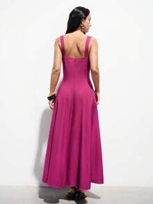 Aveloria Modichic Đầm không tay cổ vuông xẻ tà chất liệu giả lanh, kiểu dáng tối giản, thanh lịch, đa năng, thích hợp đi làm, đi nghỉ mát cho nữ. - Màu Hồng Tươi - Xem 2