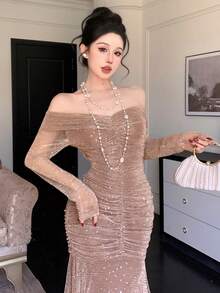 DAZY 优雅纯色露肩褶皱中长连衣裙，适合春夏穿着 - 杏色 - 查看 4