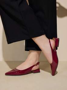 CUCCOO CURVES 女鞋 宽楦 时尚尖头粗跟酒红色后系带露跟鞋 简约经典日常舒适加厚高跟女鞋 大码女鞋 - 玫瑰紅 - 查看 5