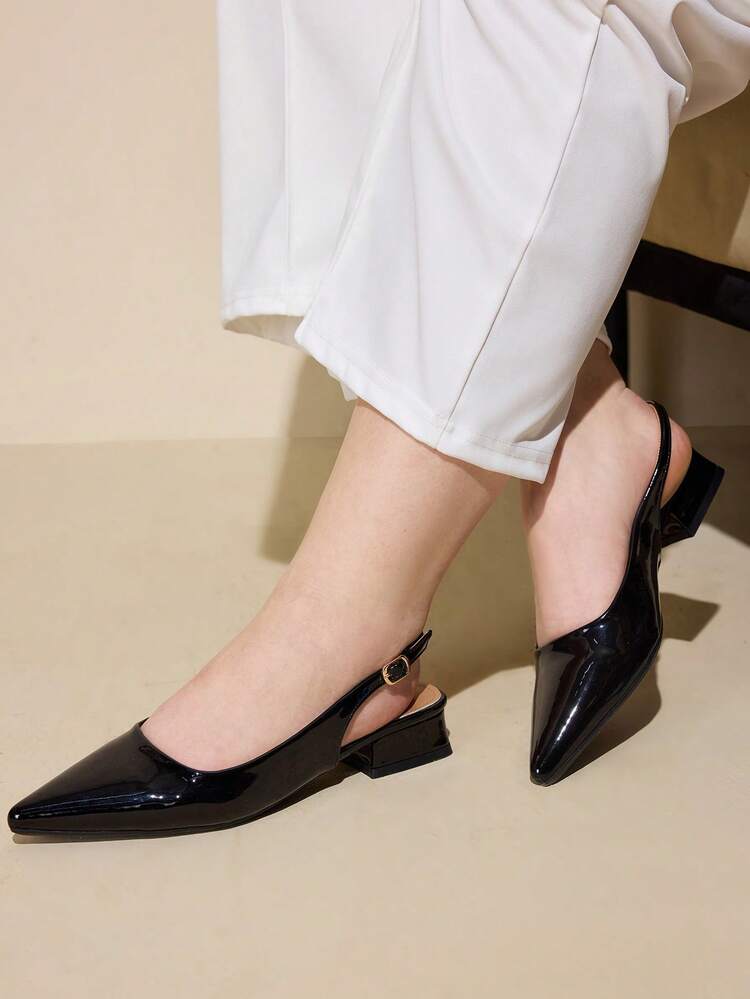 CUCCOO CURVES Women Shoes Wide Fit Fashion Pointed Thick Heel Black Back Strap Slingback Women's Shoes Simple Classic Daily Comfort Fattened High Heel Women's Shoes Plus Size Valentine's Day