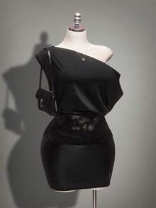 SHEIN ICON 大码女式蕾丝拼接斜肩上衣 - 黑色 - 查看 6