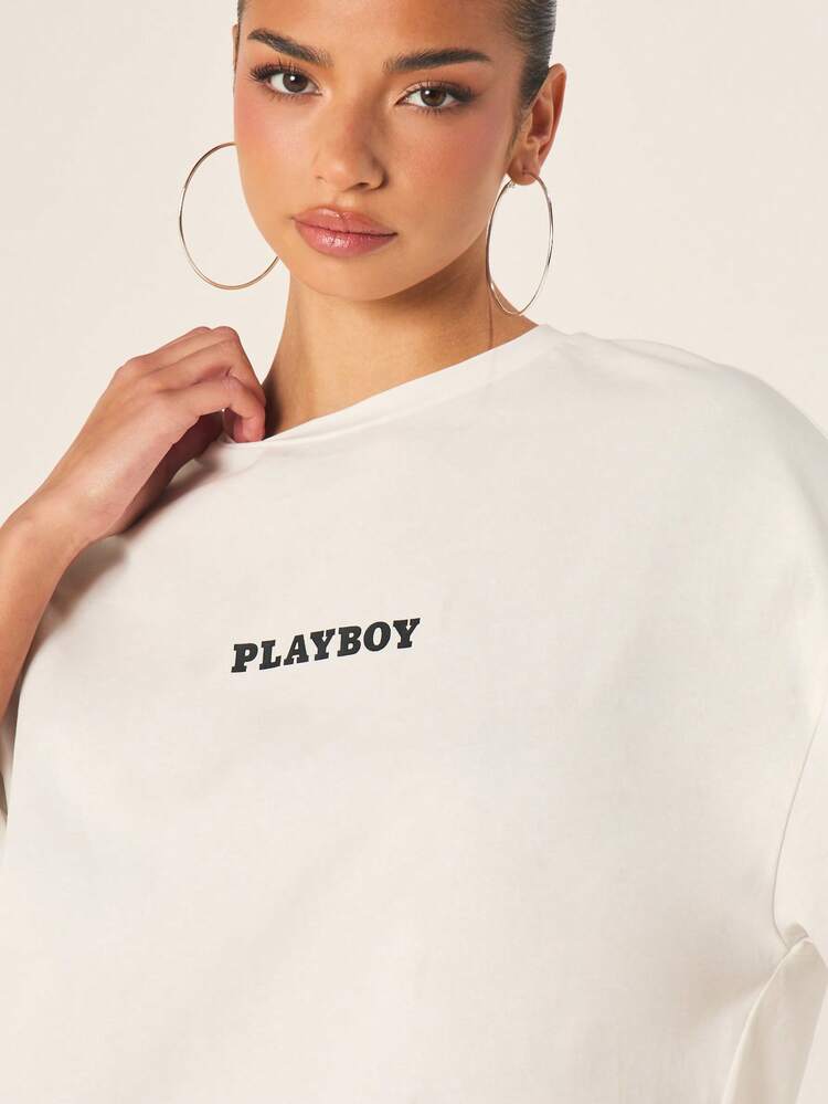Missguided x Playboy Women's Oversized Graphic Tee With Rhinestone Bunny Logo Back Print Short Sleeve Crew Neck Cotton Casual Summer Top