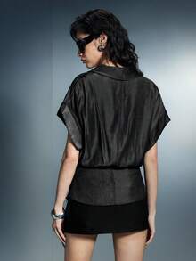 Airlisse Women's Y2K Style Denim Effect Plunging Neck Cinched Waist Curved Hem Blouse, Spring/Summer Dark Feminine Edgy Women Black - Black - View 2