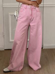 Livesso Women's Casual Vacation Business Casual Style Solid Color Denim Jeans, Summer - Pink - View 4