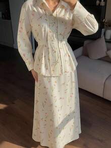 Veilorie Women's Elegant Commuter Ditsy Floral Shirt And Skirt 2 Pieces Set - Apricot - View 2