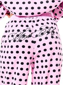 SUMWON WOMEN 女士宽松阔腿波点运动裤 粉色黑色波点印花图案宽松休闲裤 - 粉色 - 查看 5