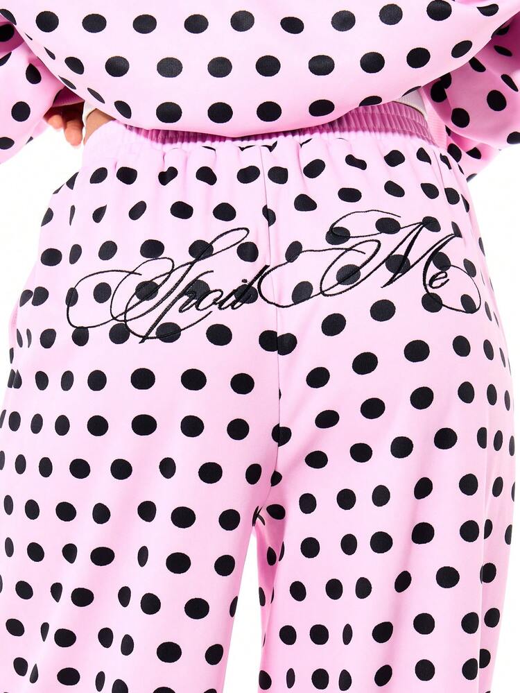 SUMWON Damen Oversized Weite Bein Polka Dot Jogginghose, rosa-schwarzer gepunkteter Muster, grafischer Sweathose, locker sitzend, Lässig Hose