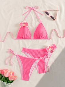 Swim Vcay Bộ bikini buộc dây cổ 3 món dành cho nữ, thích hợp mặc đi biển mùa hè, họa tiết hoa 3D. - Màu Hồng Tươi - Xem 1