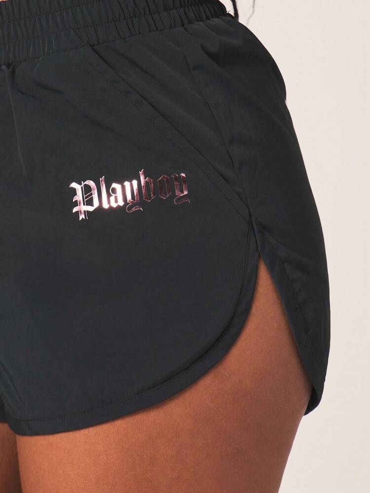 Missguided x Playboy Metallic Print Runner Shorts High Rise Athletic Training Shorts With Gothic Text Design For Active Fitness Gym Running Sports