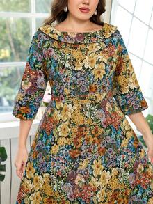 Ellevyn 大码女士优雅提花长袖中长连衣裙，适合派对和外出，秋冬季 - 彩色 - 查看 7