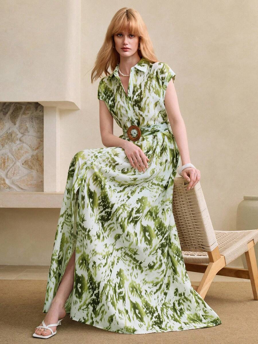 SHEIN Unity 时尚扎染翻领开襟连衣裙,女款,配腰带 - 彩色 - 查看 1