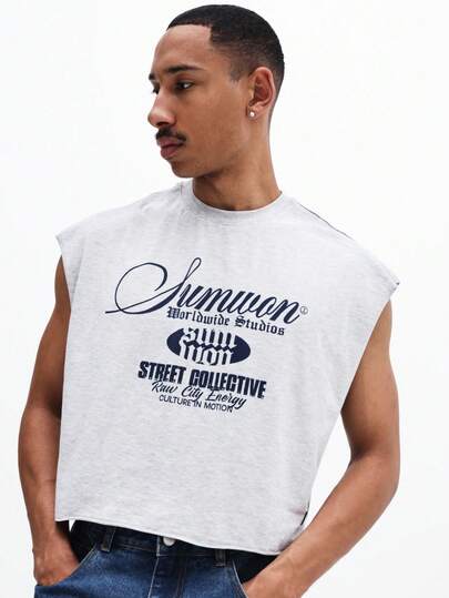 SUMWON Men Sleeveless Graphic Tank Top With Crew Neck Street Collective Print Summer Casual Wear