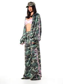 SUMWON WOMEN Women's Camouflage Wide Leg Joggers With Pink Script Text High Rise Elastic Waist Casual Sweatpants - Army Green - View 3