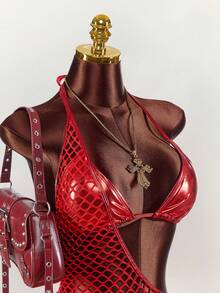 Amplova Women's Swimwear Set,Shiny Bikini With Mesh Cover-Up,Red,Summer,Beach Party,Rave,Avant-Garde Bathing Suit For Holiday,Music Festival Outfits - Red - View 5
