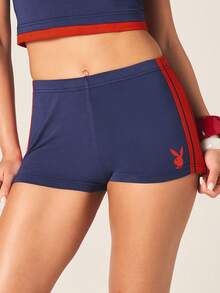 Missguided x Playboy Pantaloncini da donna blu navy con logo, con strisce rosse sui lati, vita alta, aderenti, pantaloncini corti sportivi casual estivi - Multicolore - Visualizzare 3