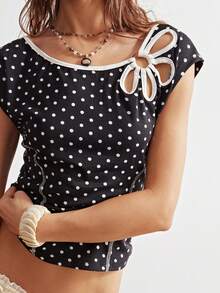 Bohemela Áo thun dệt kim chấm bi thường ngày dành cho nữ - Đen và trắng - Xem 3