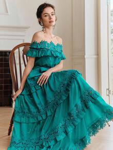 Anewsta Đầm ôm sát thanh lịch trễ vai xếp nếp ren viền mới dành cho nữ - màu xanh lá - Xem 1